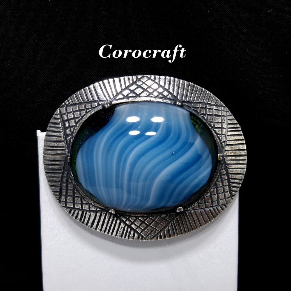 Corocraft Blue Art Glass Brooch, Silver Etched Frame, 1940s Vintage Jewelry